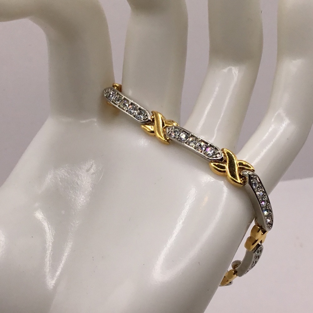 Gold Tone X Patterned, Crystal, Bracelet